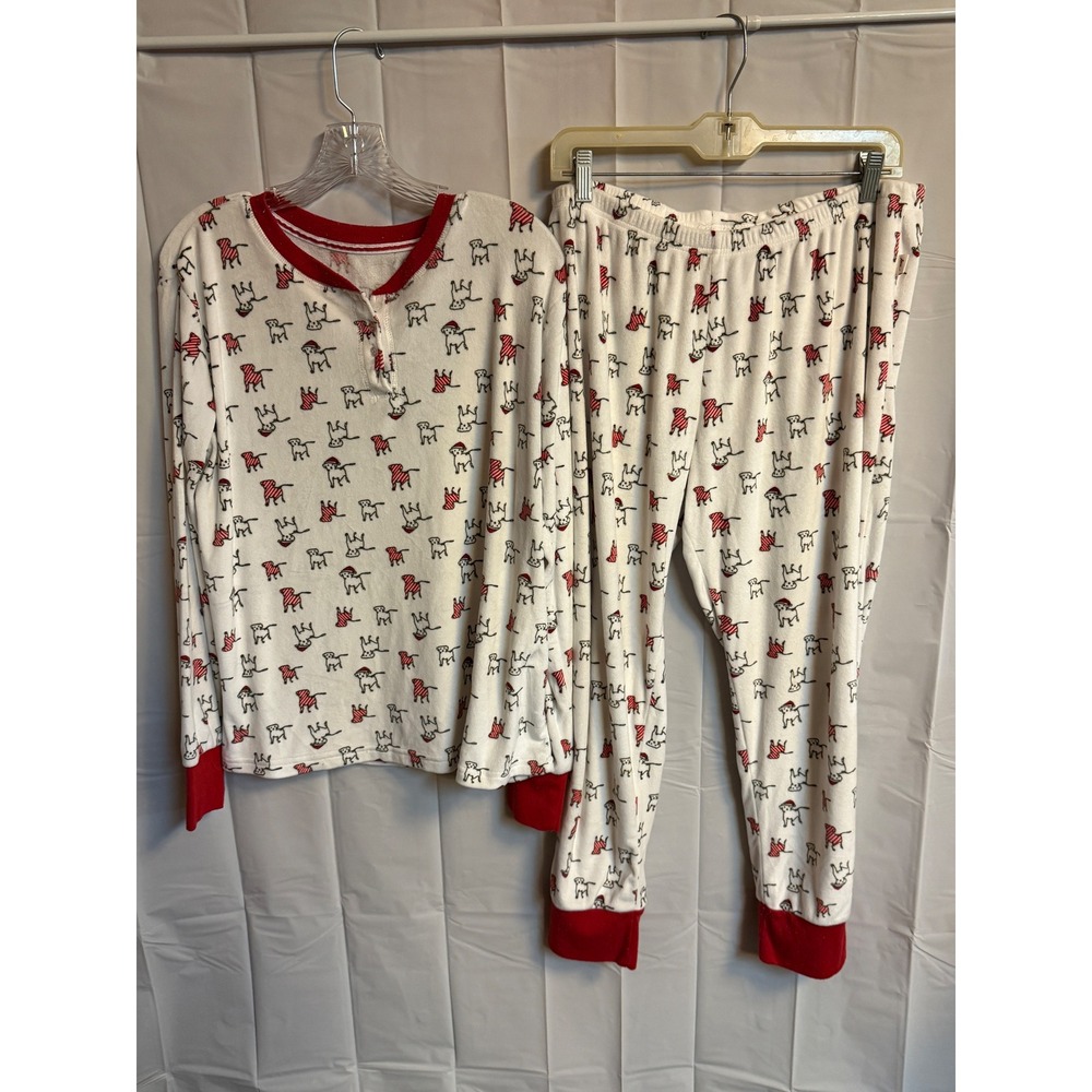 Pajama Set Woman's L Dog Dachshund Print Sleepwear‎ Loungewear Red White Holiday